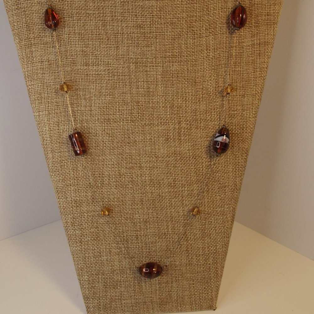 Beautiful Amber Glass Beaded Necklace Long Strand Silver Chain